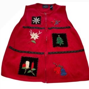 Vtg Crazy Horse Embroidered Christmas Knit Full Zip Sweater Vest Holiday Large